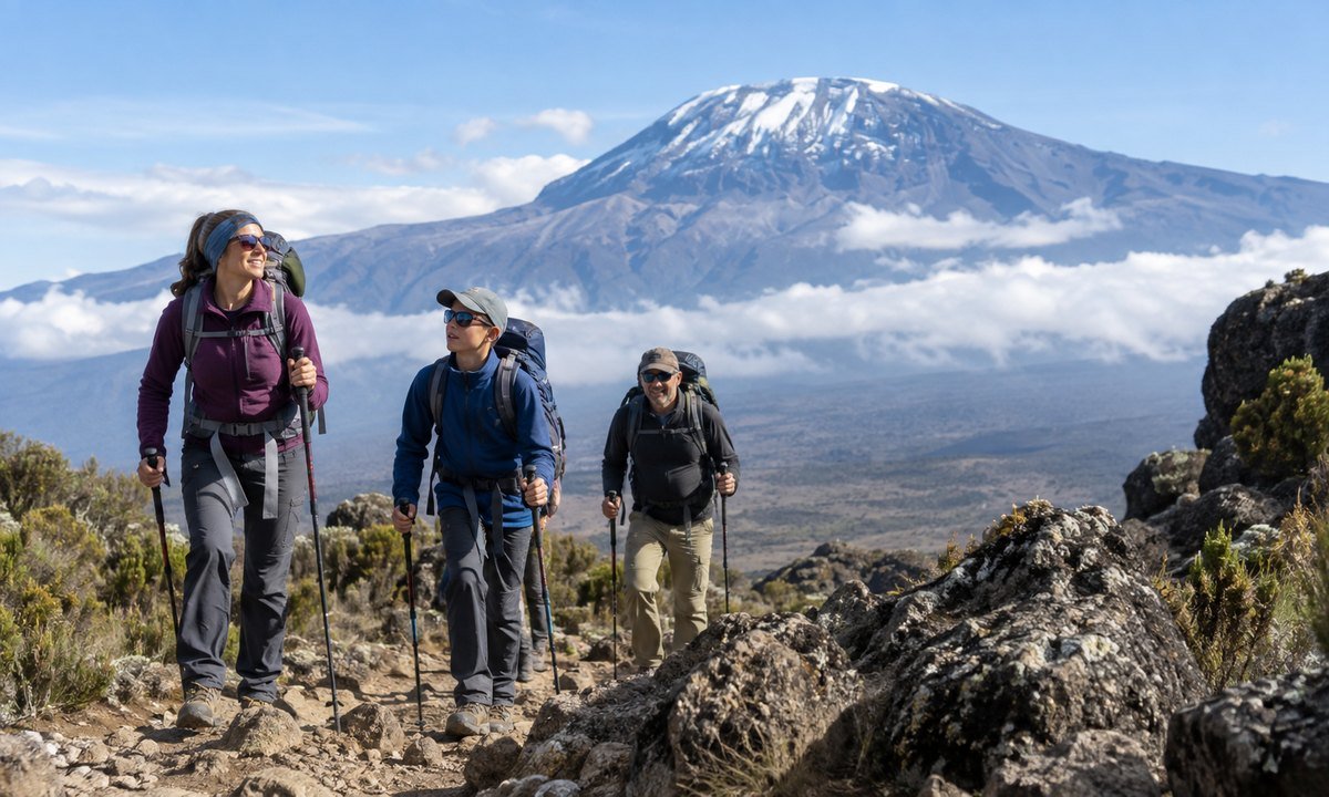 Family trekking together on Mount Kilimanjaro