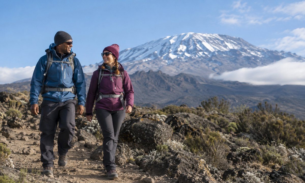 Couple trekking together on Mount Kilimanjaro