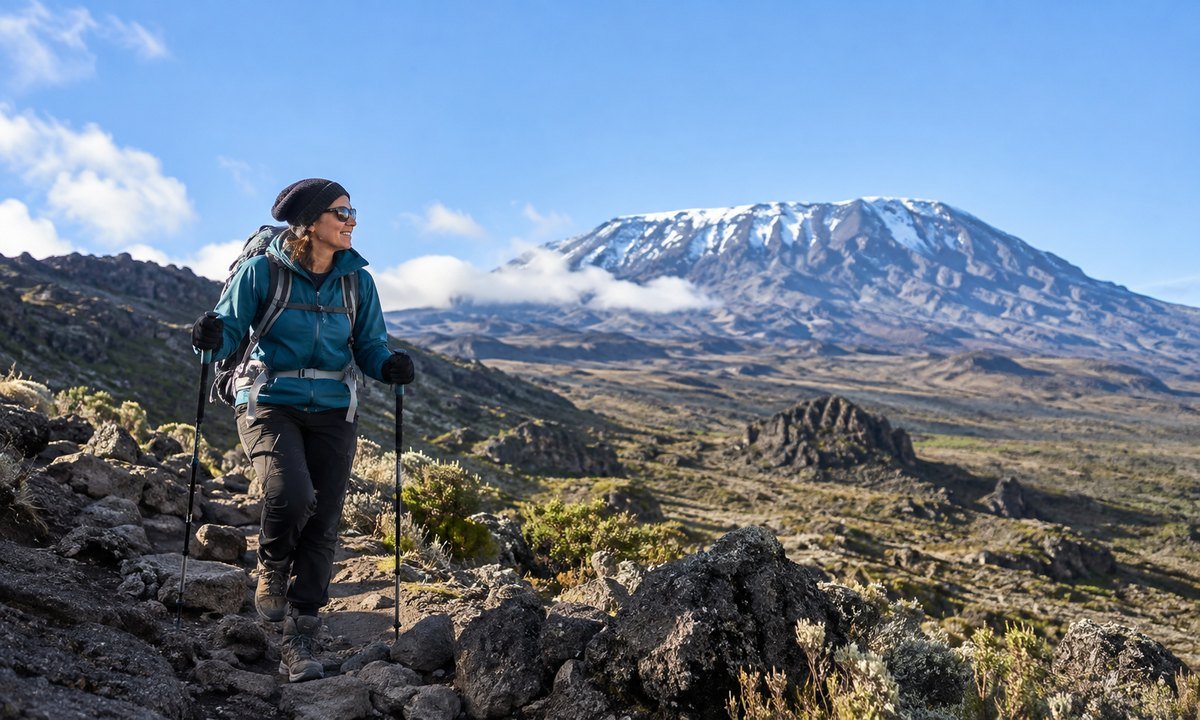 Solo climber trekking on Mount Kilimanjaro